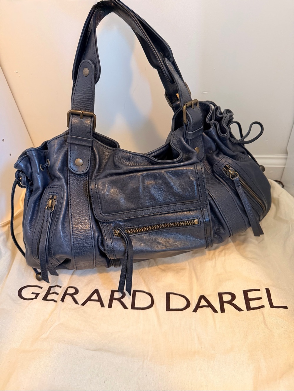 Gerard Darel Dark Blue Leather Shoulder Bag with Zipper Pockets